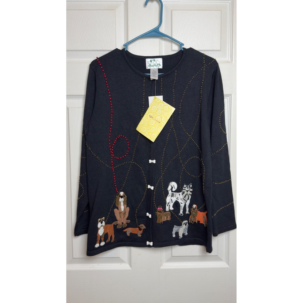 Quacker Factory Dog Cardigan Sweater Black Beaded Bone Buttons NWT A54994 Small